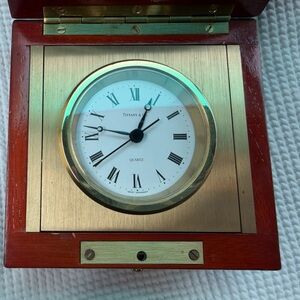 Tiffany & Co. Brass Face Desk Clock with Rich Brown Wood Case